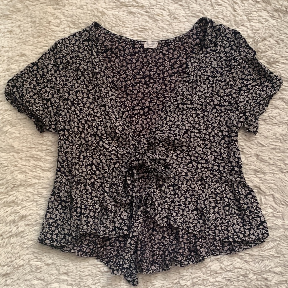 VINTAGE 90s Black Ivory Ditsy Floral Ruffle Cardi